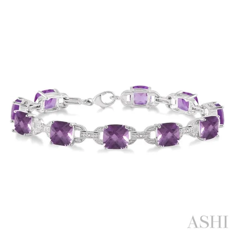 7x7  MM Cushion Shape Amethyst and 1/20 Ctw Round Cut Diamond Fashion Bracelet in Sterling Silver