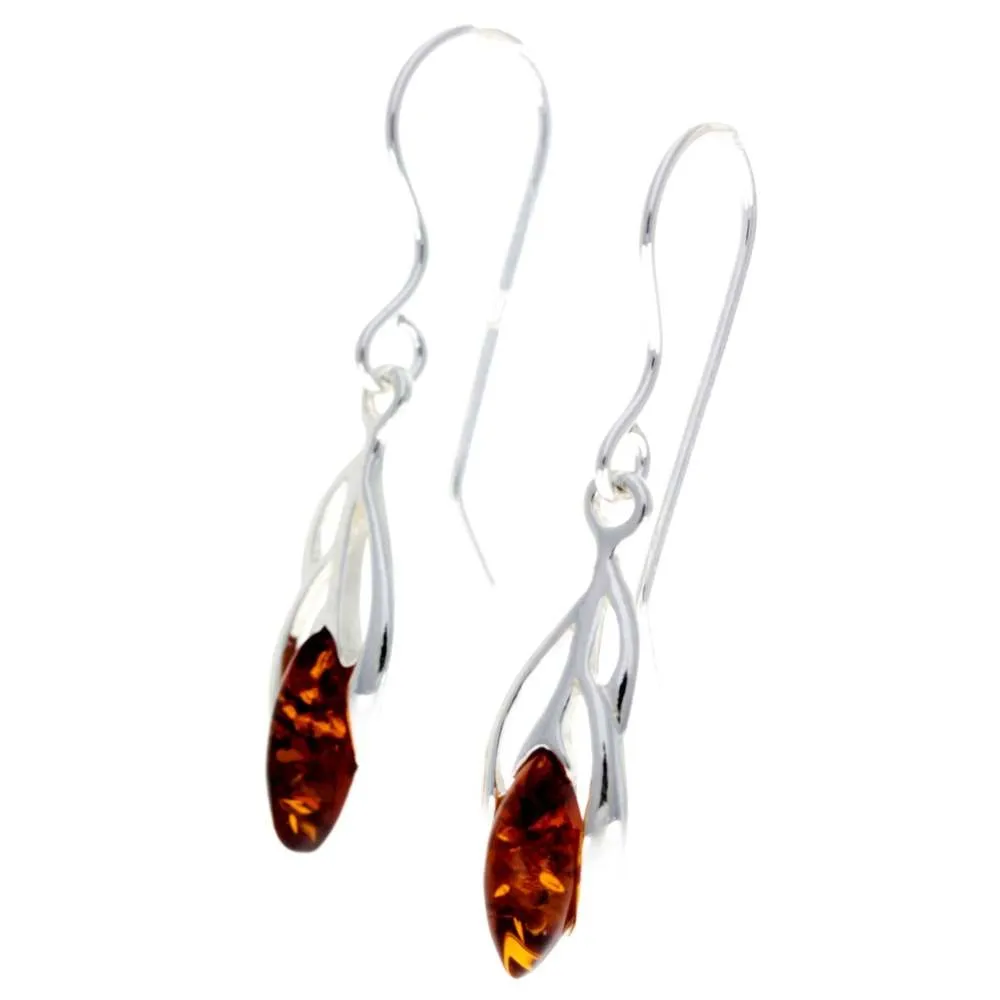 925 Sterling Silver & Genuine Baltic Amber Modern Drop Dangling Earrings - GL198