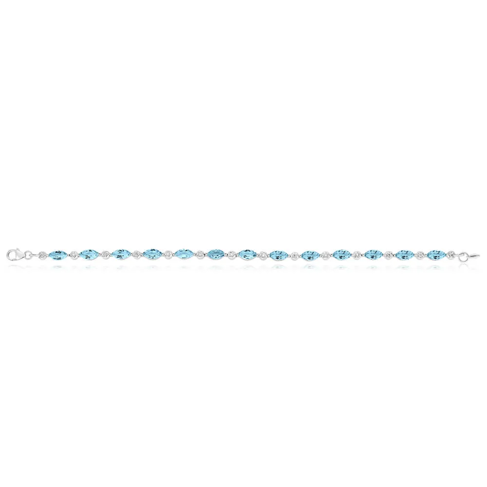 9ct Marquise Cut Sky Blue Topaz and Diamond 19cm Bracelet in White Gold