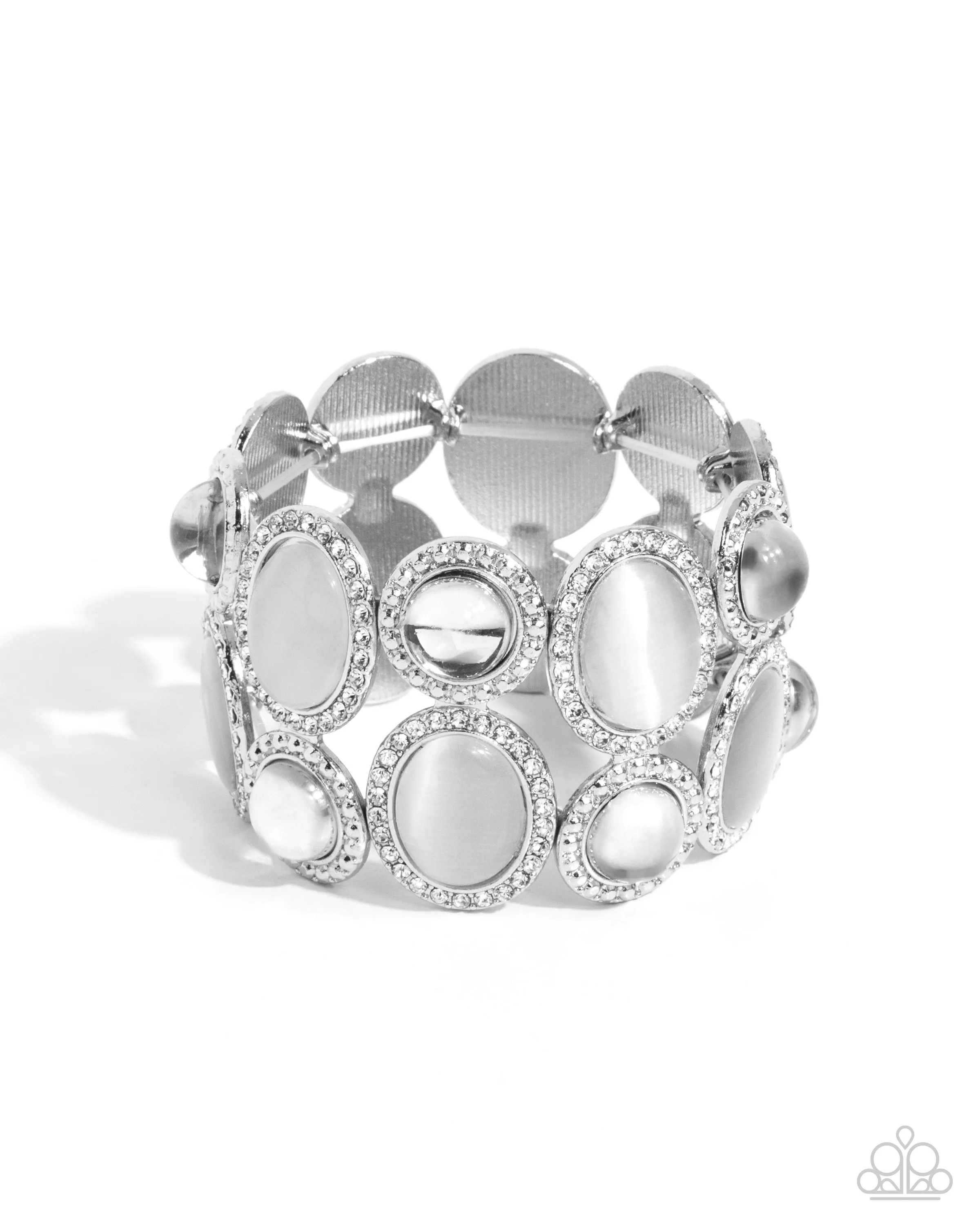 Affixed Appeal - White - Oval Cat's Eye Stone and Rhinestone Paparazzi Stretchy Bracelet