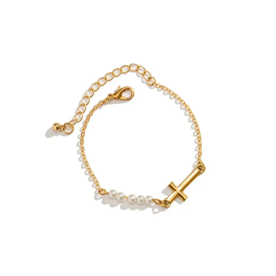 Ama Cross with Pearl Bracelet - Gold or Silver