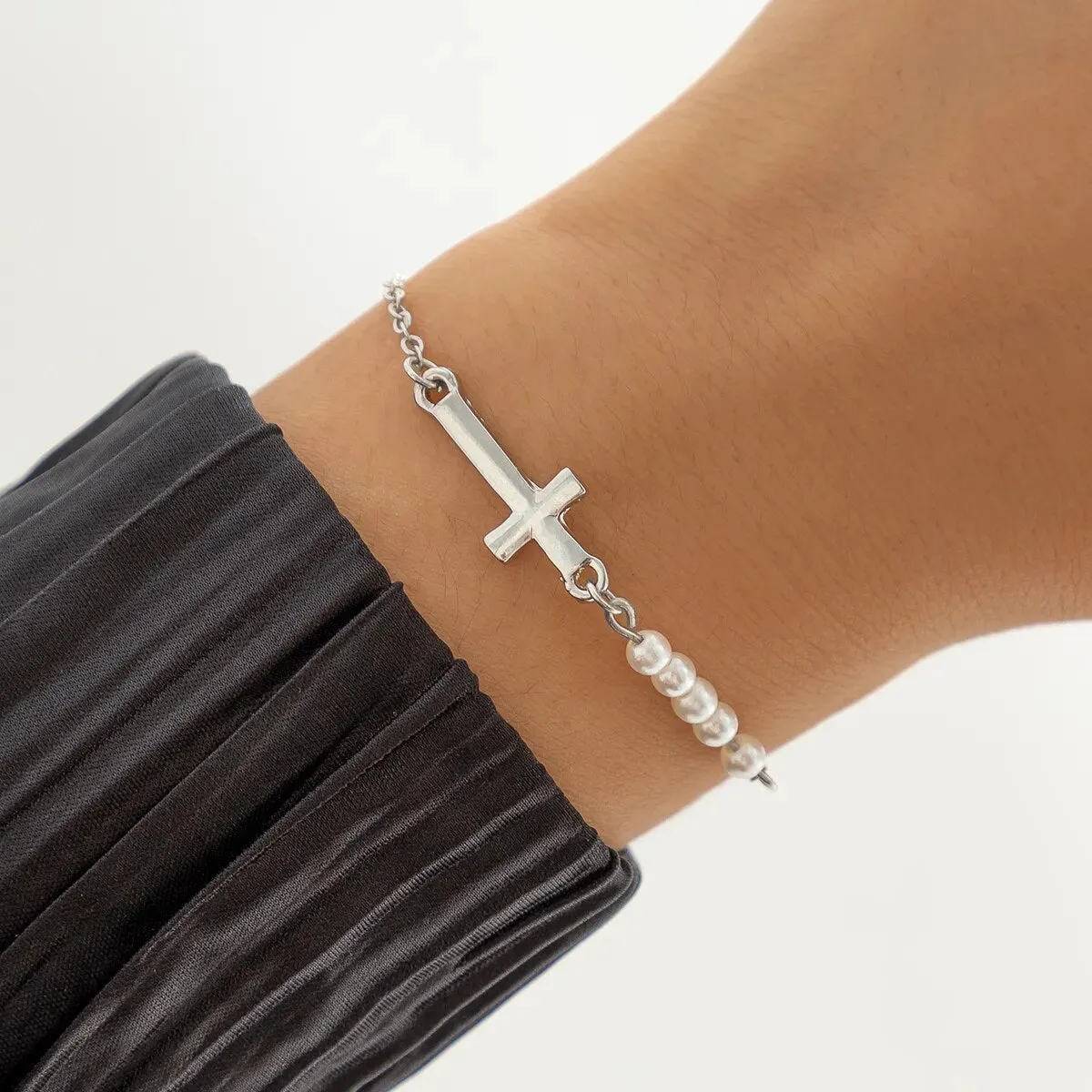 Ama Cross with Pearl Bracelet - Gold or Silver