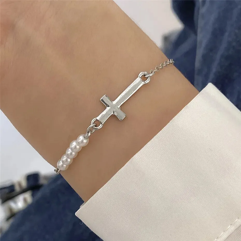 Ama Cross with Pearl Bracelet - Gold or Silver