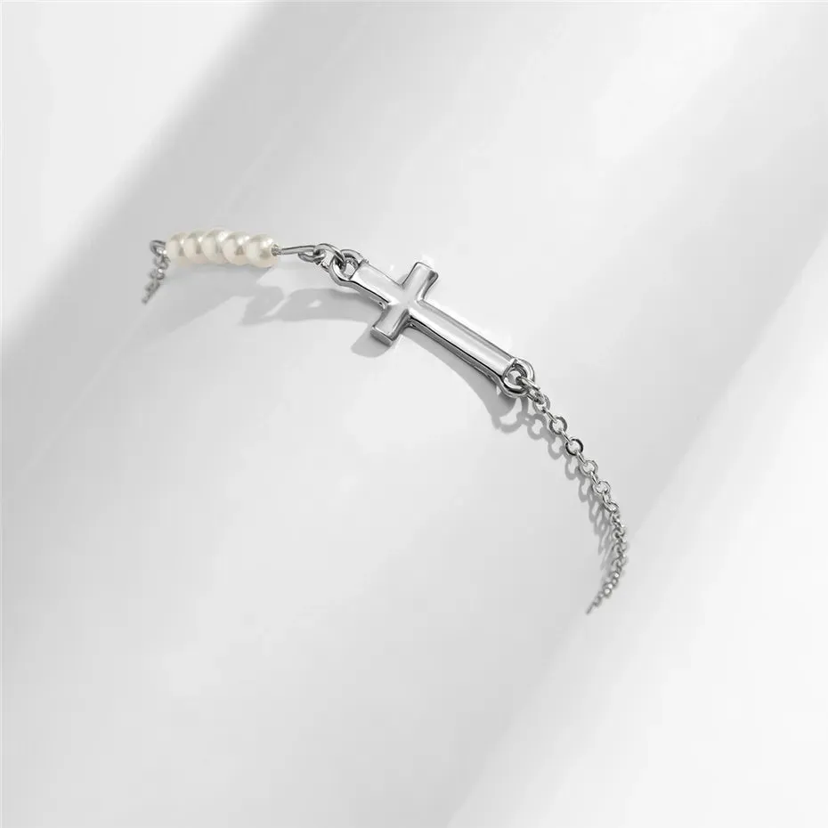 Ama Cross with Pearl Bracelet - Gold or Silver