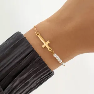 Ama Cross with Pearl Bracelet - Gold or Silver