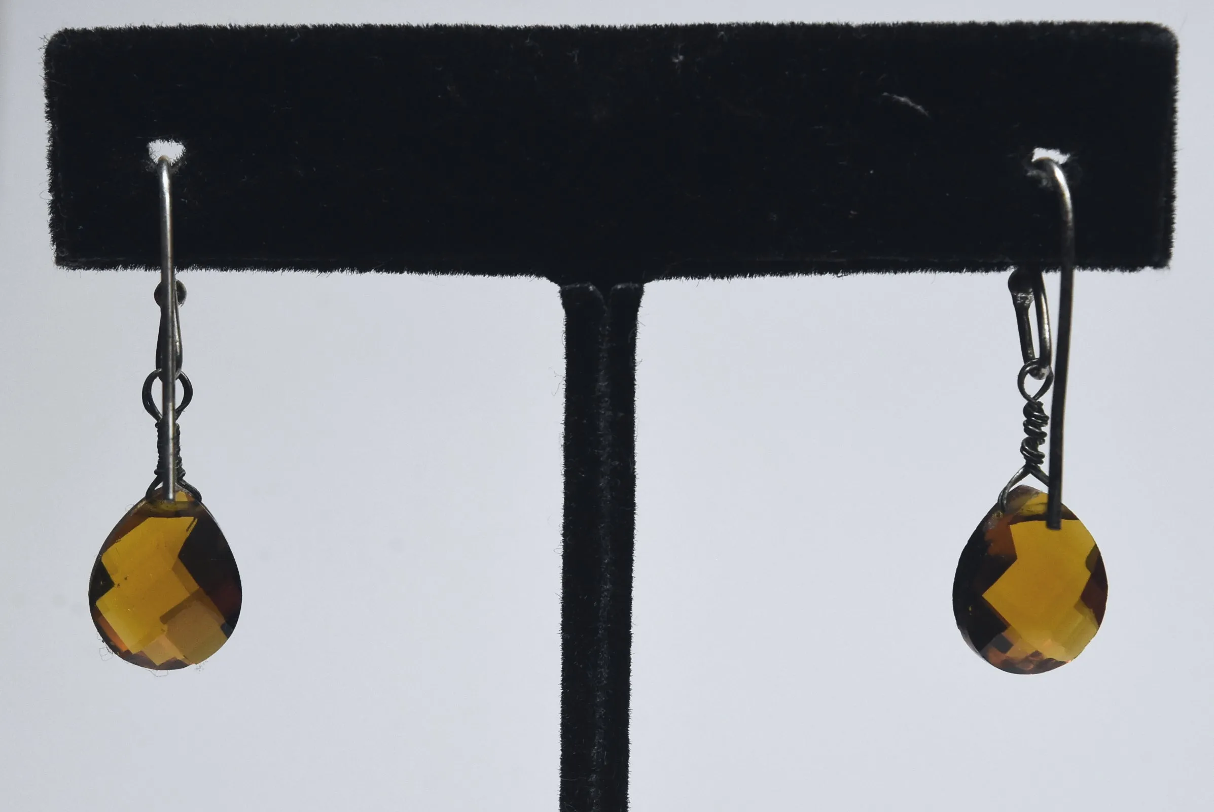 Amber Checkerboard Faceted Teardrop Dangle Earrings