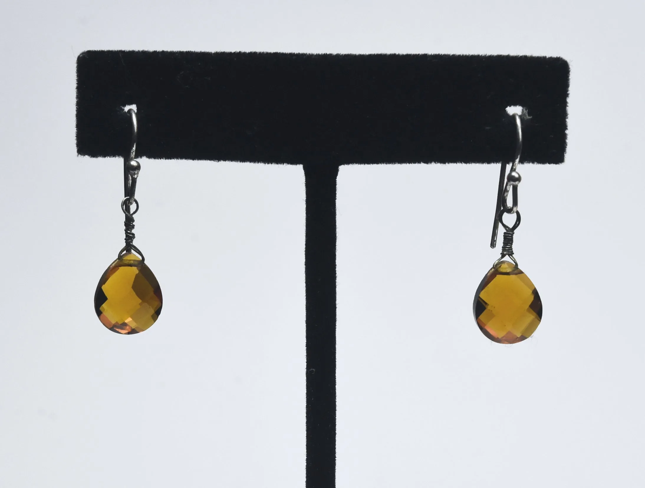 Amber Checkerboard Faceted Teardrop Dangle Earrings