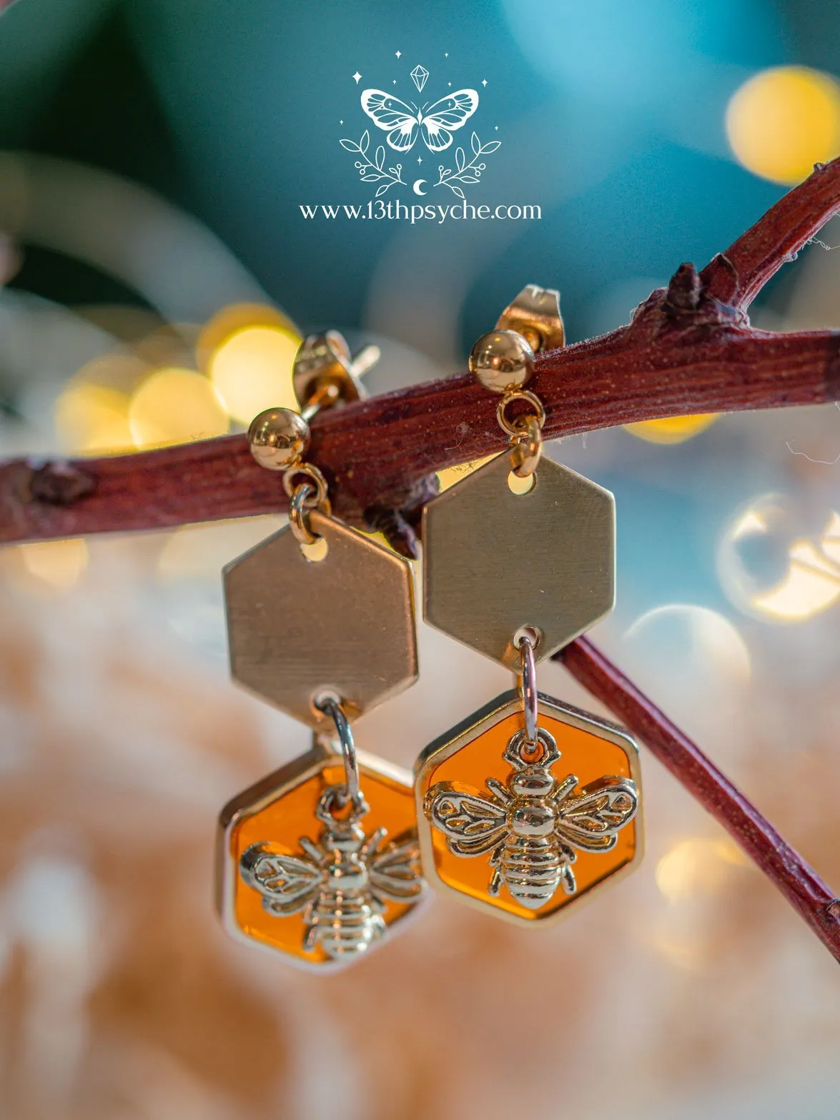 Amber hexagon and bee earrings