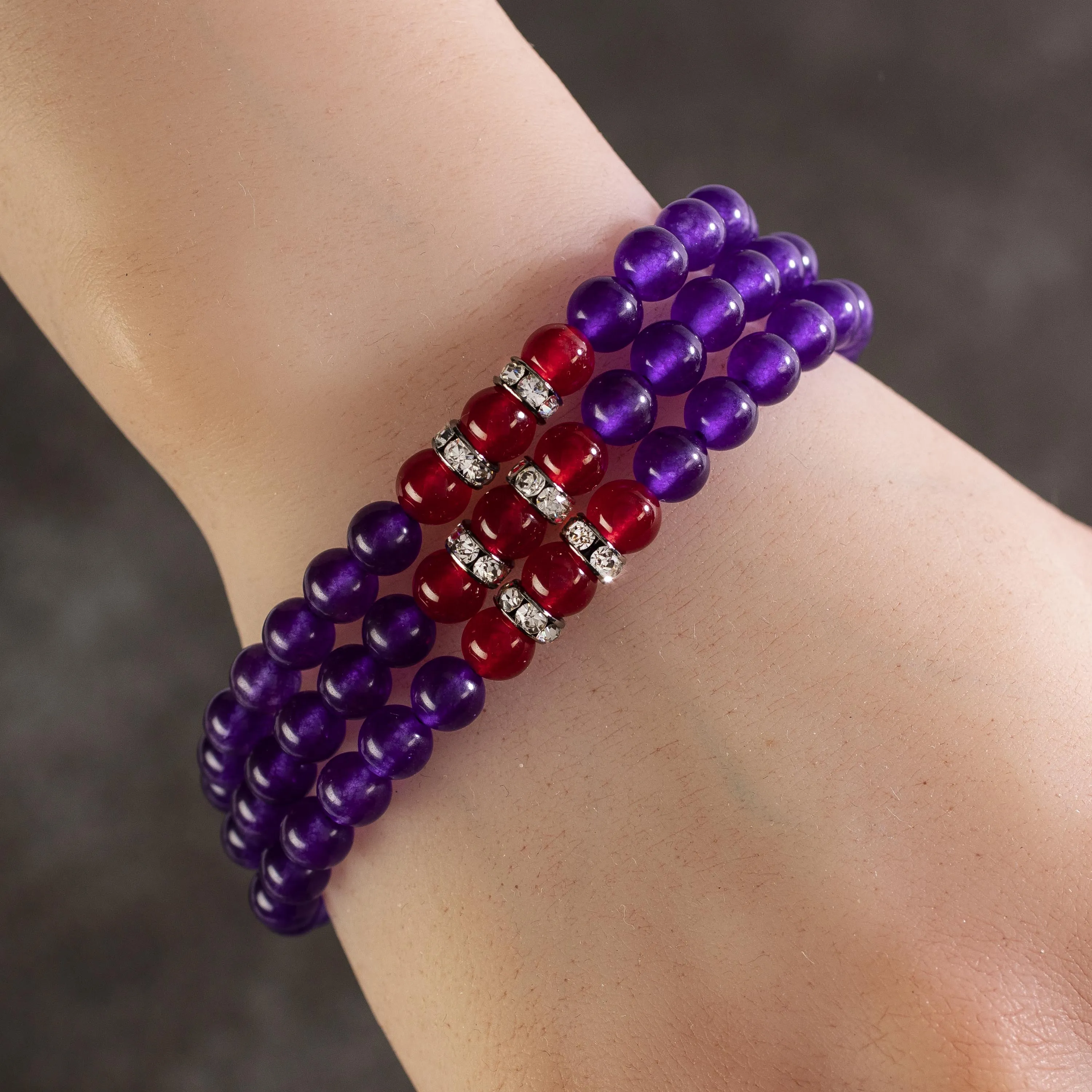 Amethyst 6mm Beads with Strawberry Agate Crystal Accent Beads Triple Wrap Elastic Gemstone Bracelet