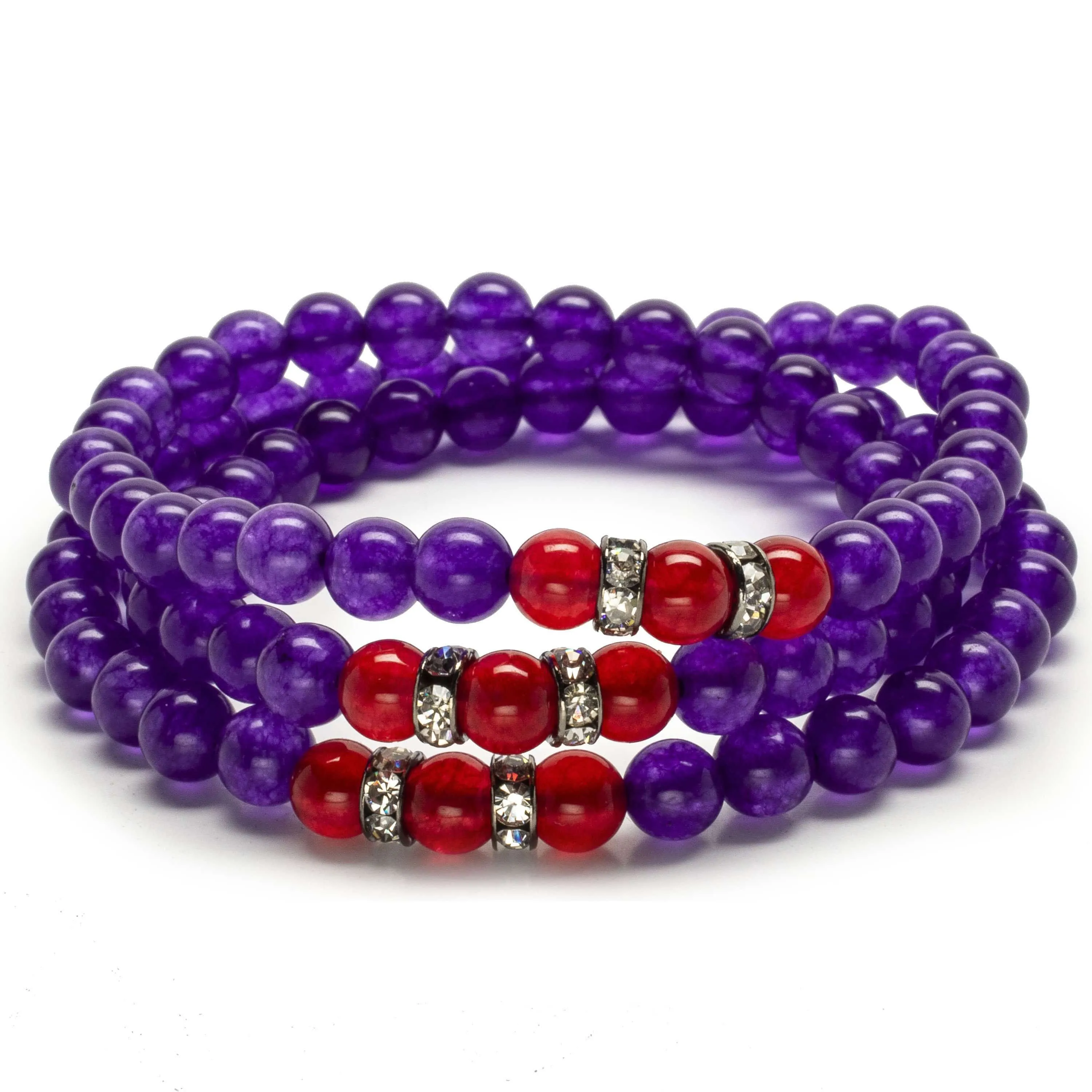 Amethyst 6mm Beads with Strawberry Agate Crystal Accent Beads Triple Wrap Elastic Gemstone Bracelet