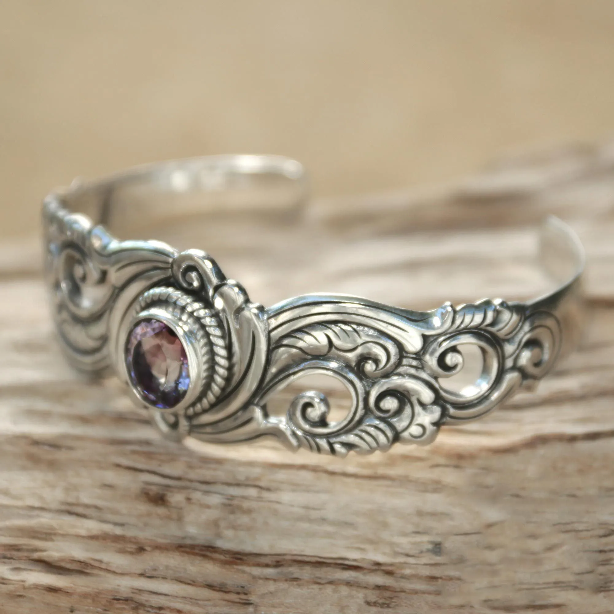 Amethyst & Silver Floral Paisley Cuff Bracelet