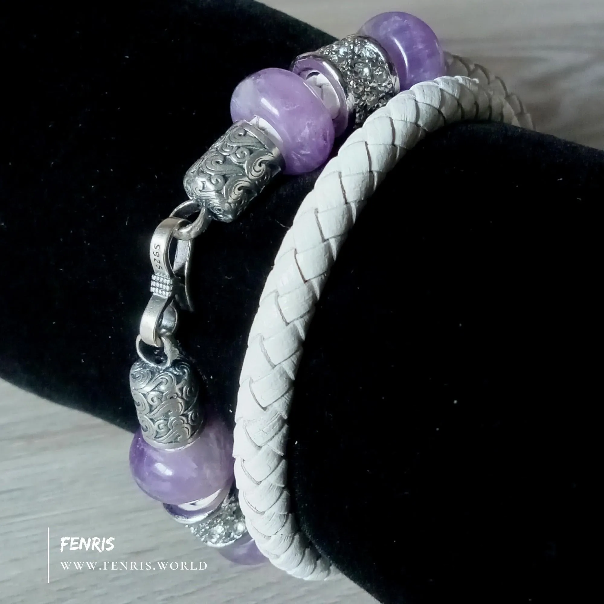 Amethyst and 925 Silver White Leather Wrap Bracelet