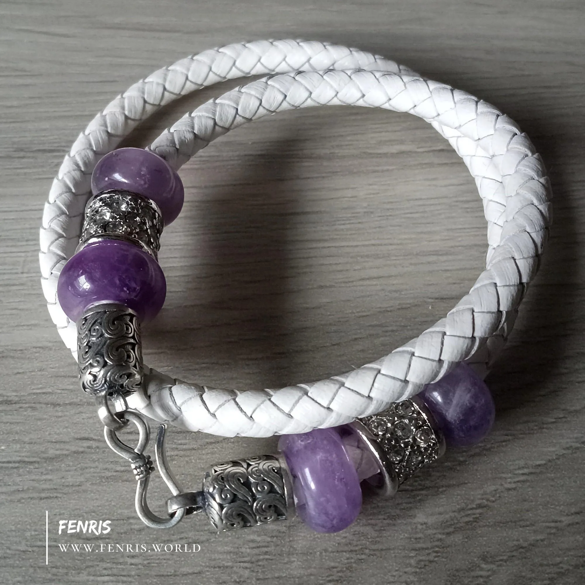 Amethyst and 925 Silver White Leather Wrap Bracelet