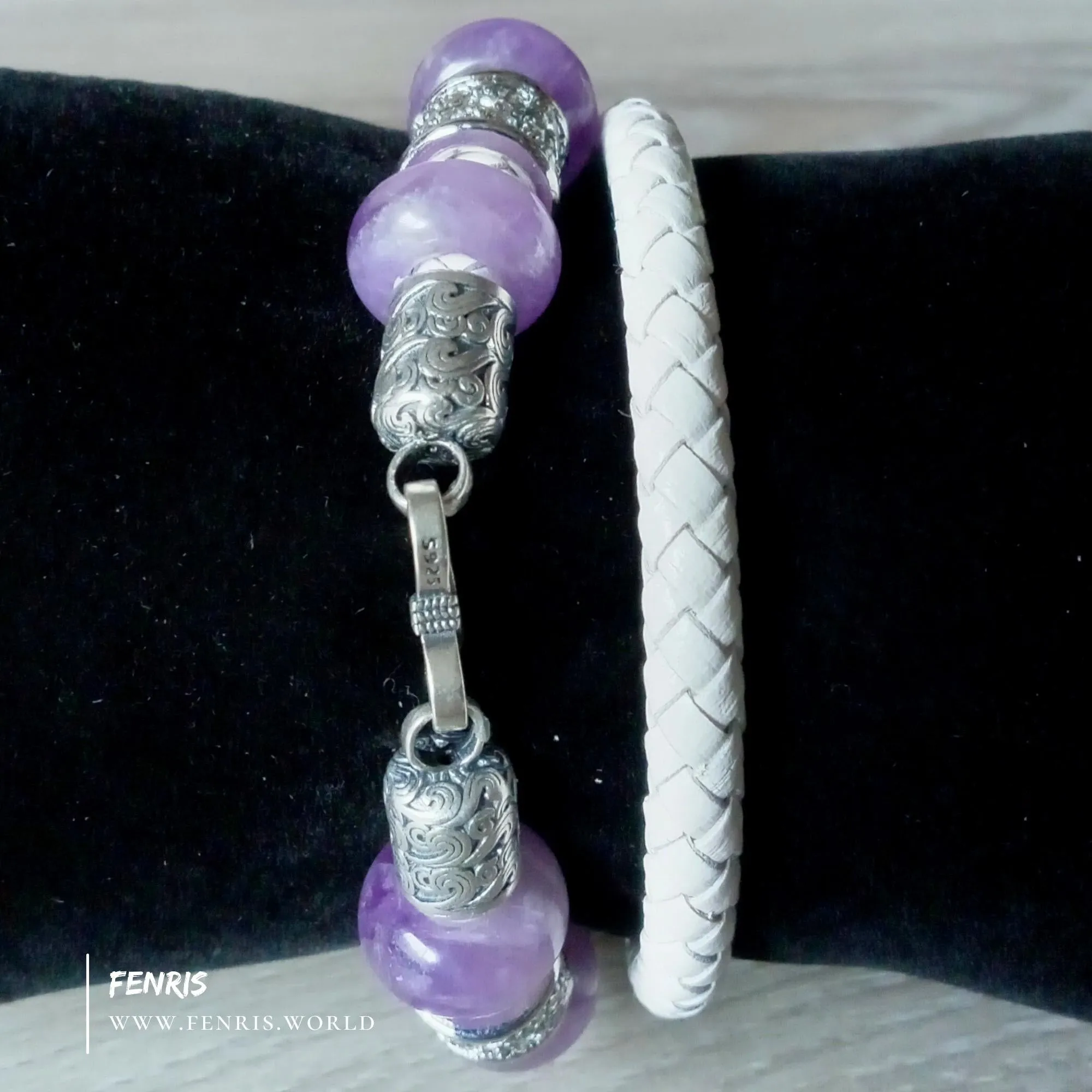 Amethyst and 925 Silver White Leather Wrap Bracelet