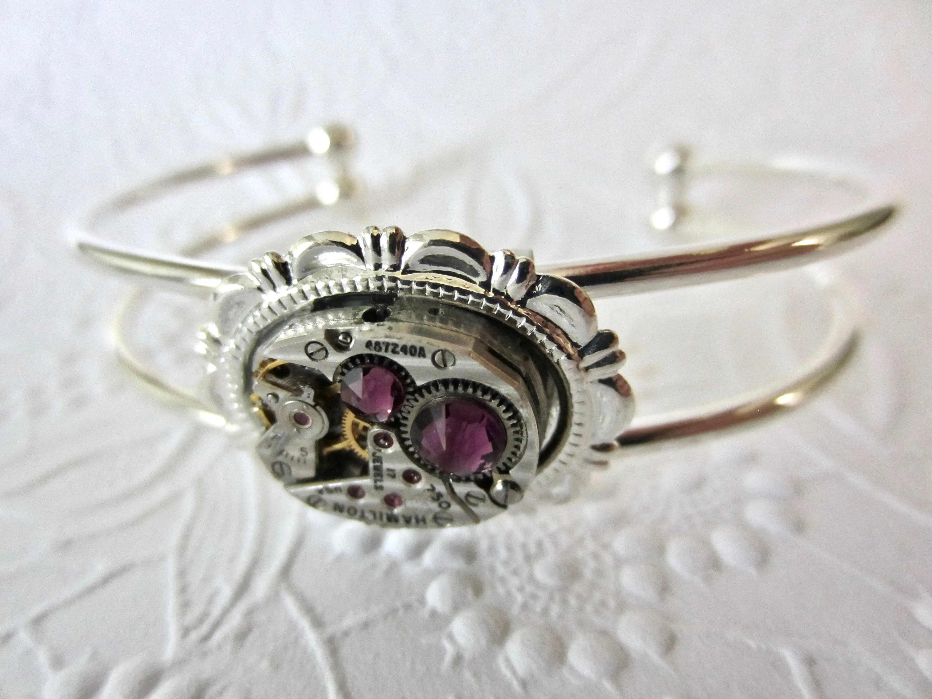 Amethyst and Silver Bracelet , Cuff , Steampunk , Hamilton watch movement , February birthstone , Gift for her , mothers day gift