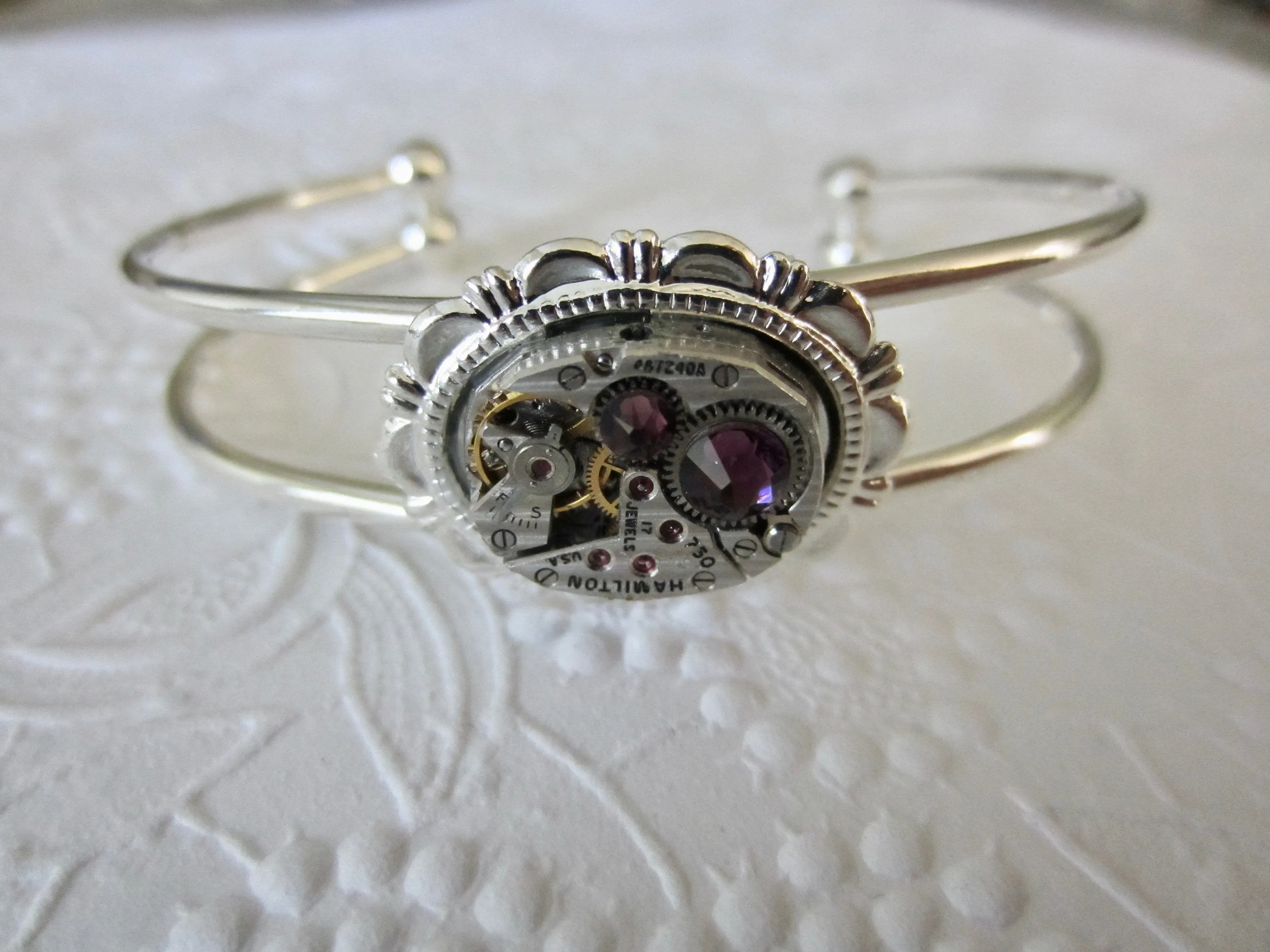 Amethyst and Silver Bracelet , Cuff , Steampunk , Hamilton watch movement , February birthstone , Gift for her , mothers day gift