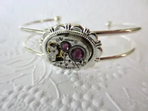 Amethyst and Silver Bracelet , Cuff , Steampunk , Hamilton watch movement , February birthstone , Gift for her , mothers day gift