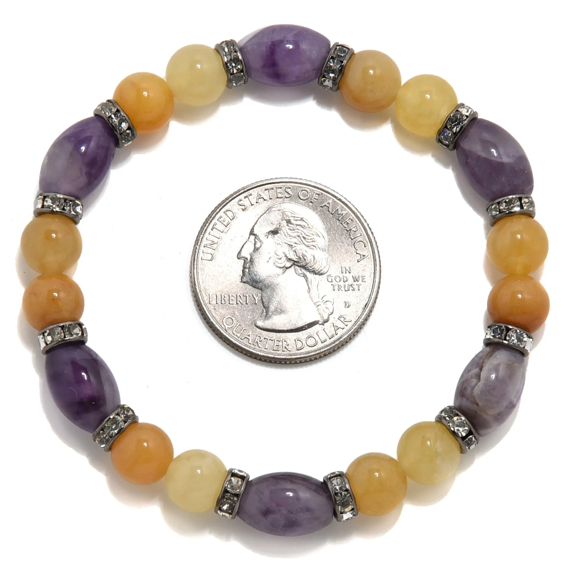 Amethyst and Yellow Jade with Crystal Accent 8mm Beads Gemstone Elastic Bracelet