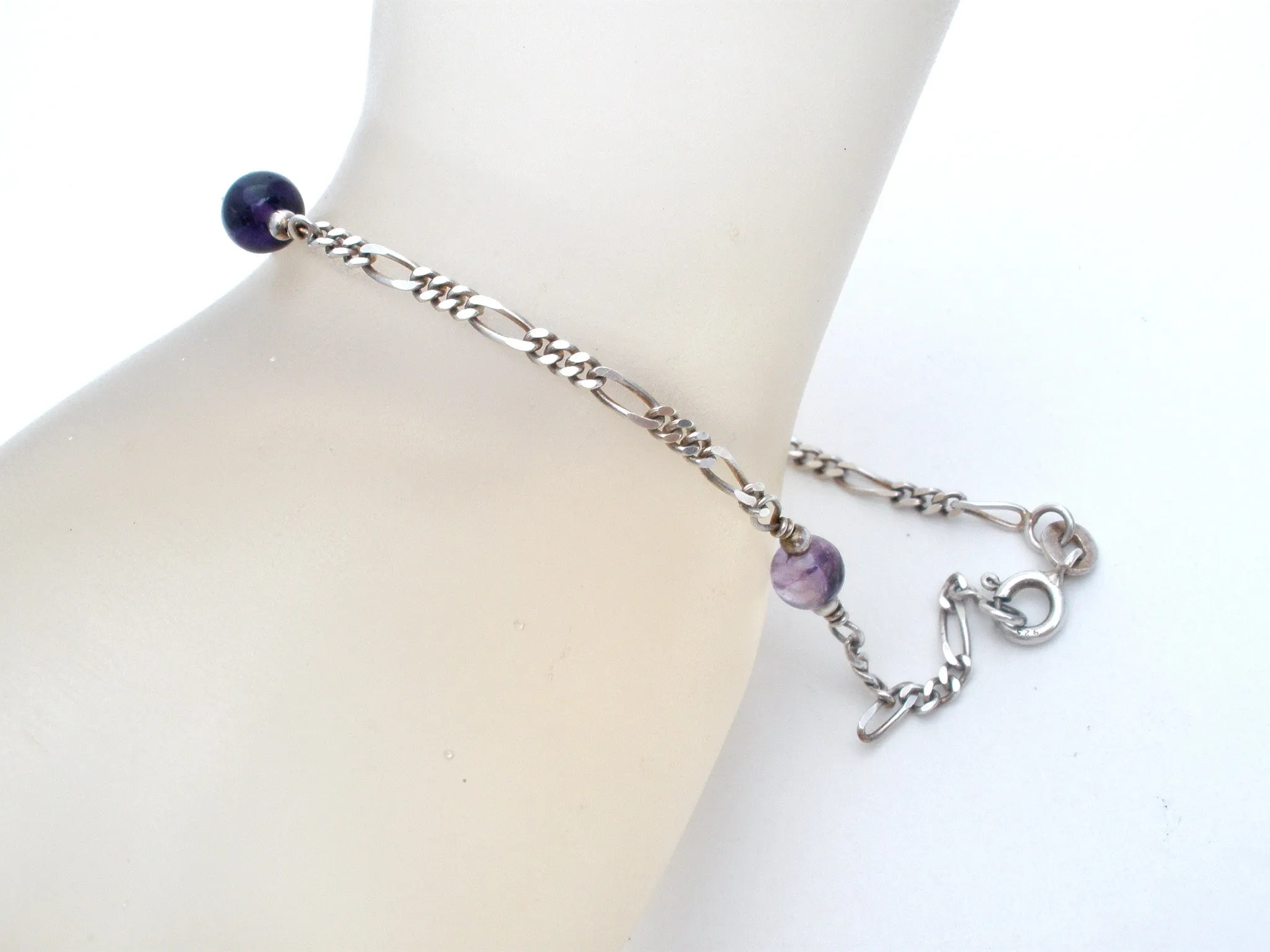 Amethyst Bead Figaro Bracelet Sterling Silver