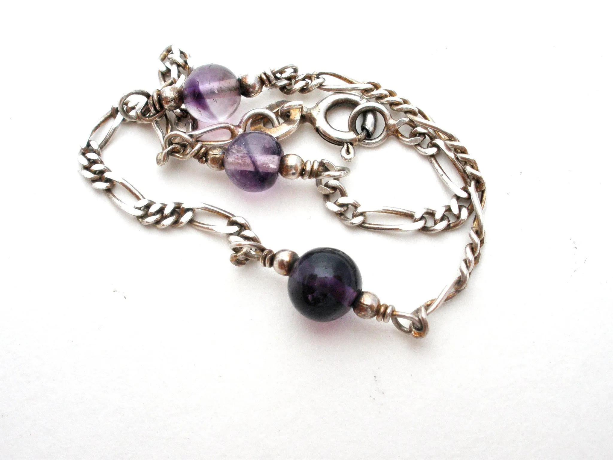 Amethyst Bead Figaro Bracelet Sterling Silver