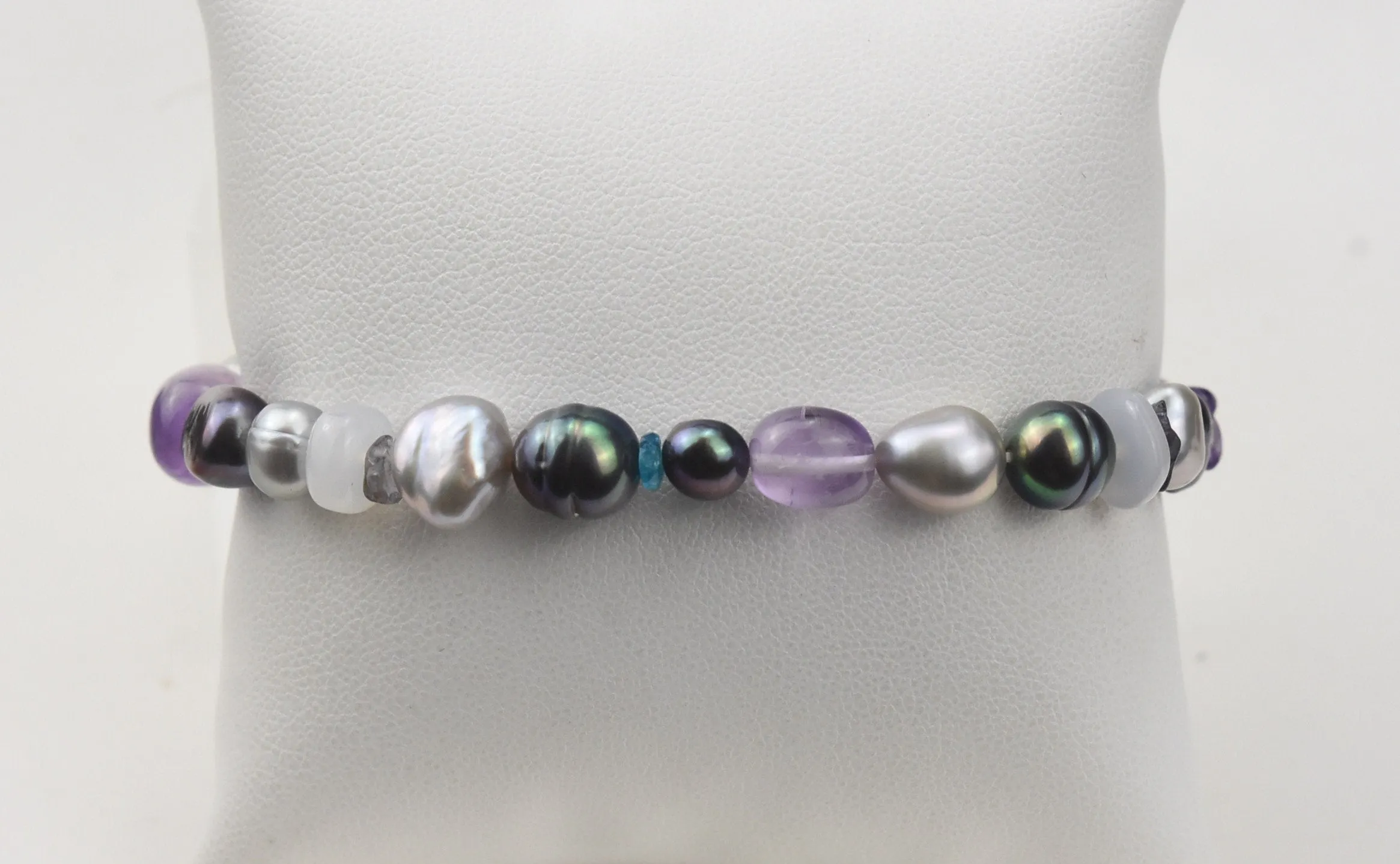 Amethyst, Blue Chalcedony, Multi Color Freshwater Pearl Elastic Bracelet