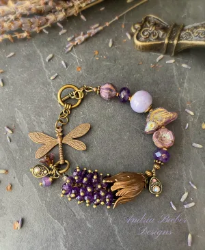 Amethyst gemstone, ceramic, Czech glass, bronze metal, bracelet, jewelry