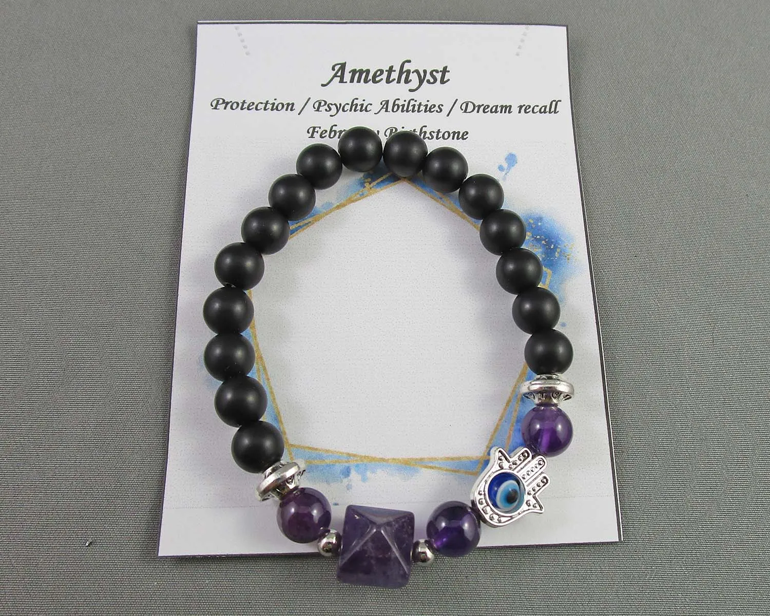 Amethyst Protection Bracelet with Evil Eye Hamsa Hand 1pc E013