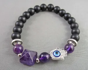 Amethyst Protection Bracelet with Evil Eye Hamsa Hand 1pc E013