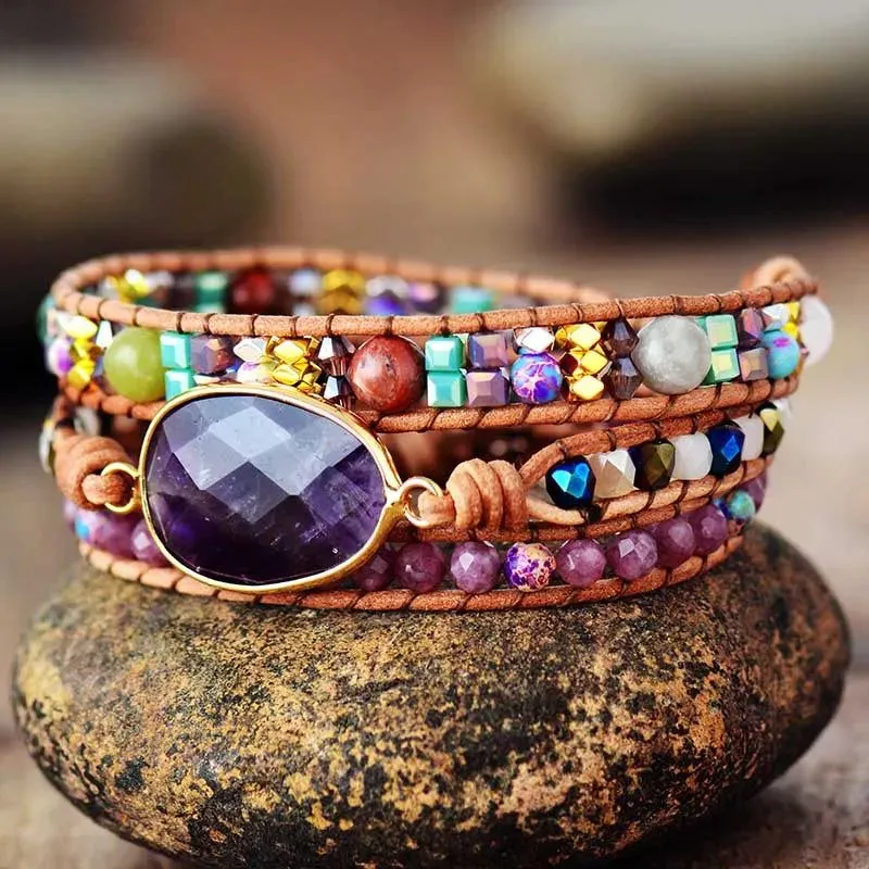 Amethysts Leather Wrap Bracelet