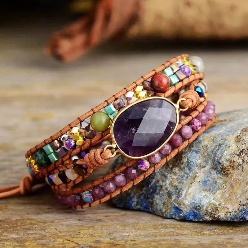 Amethysts Leather Wrap Bracelet