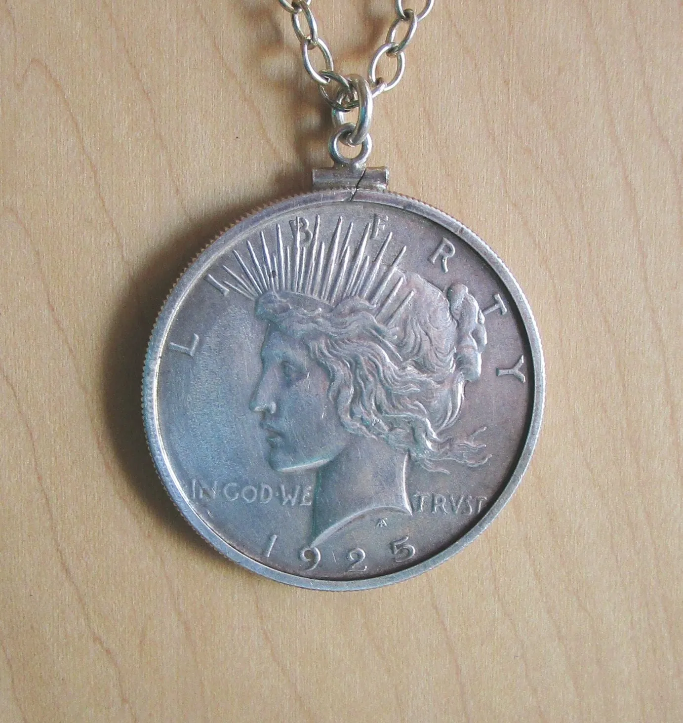 Antique 1925 Peace Dollar Sterling Silver Pendant Necklace