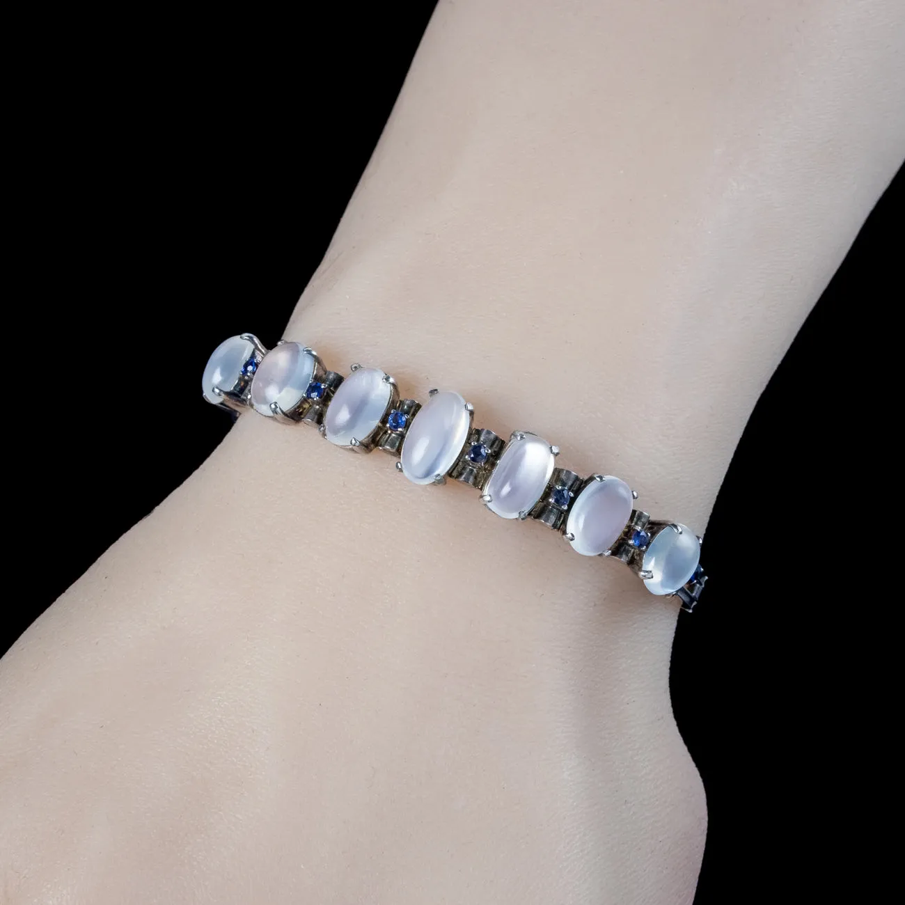 Antique Art Deco Moonstone Sapphire Bracelet Silver