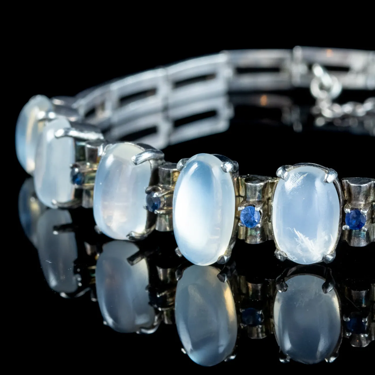 Antique Art Deco Moonstone Sapphire Bracelet Silver