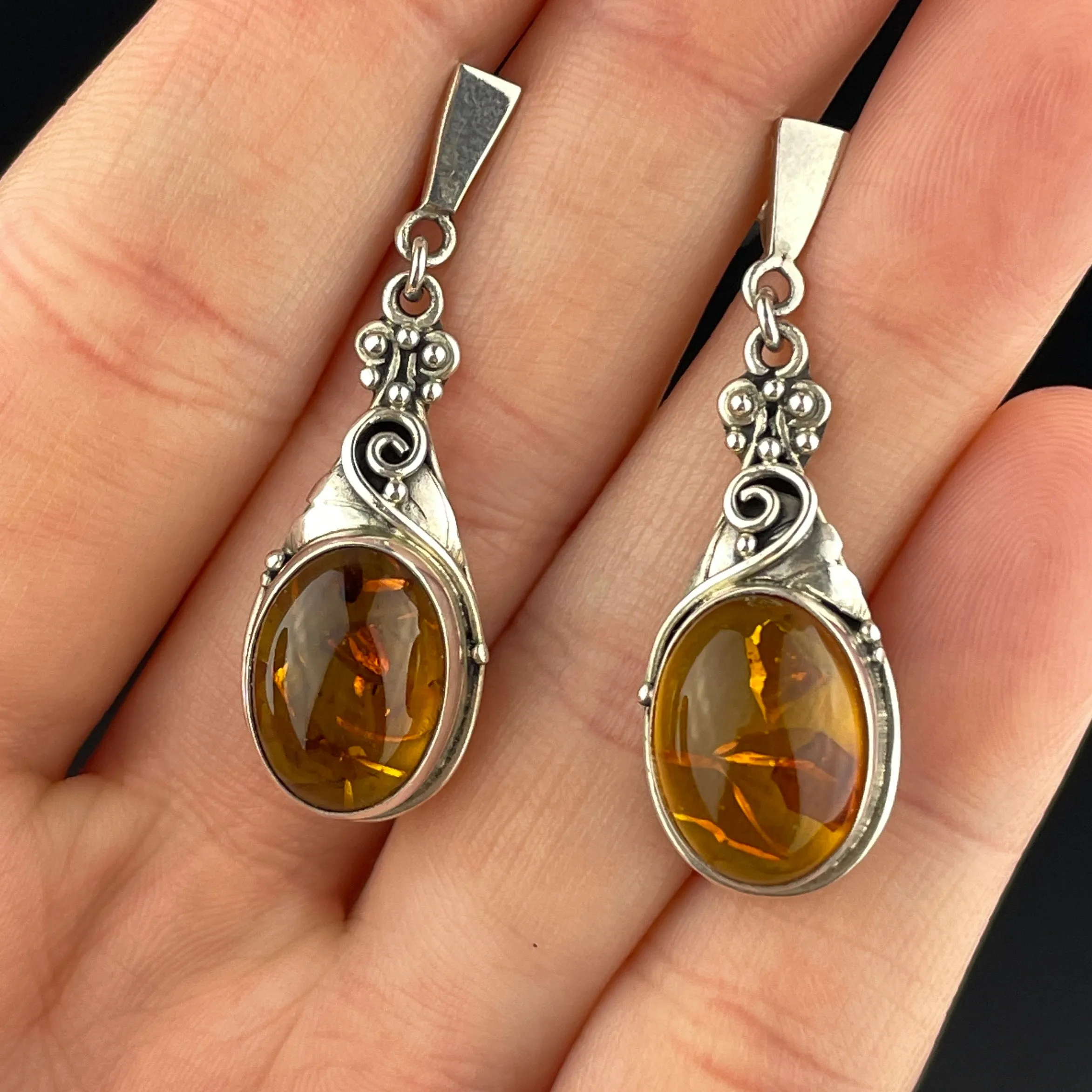 Arts and Crafts Style Silver Baltic Amber Earrings