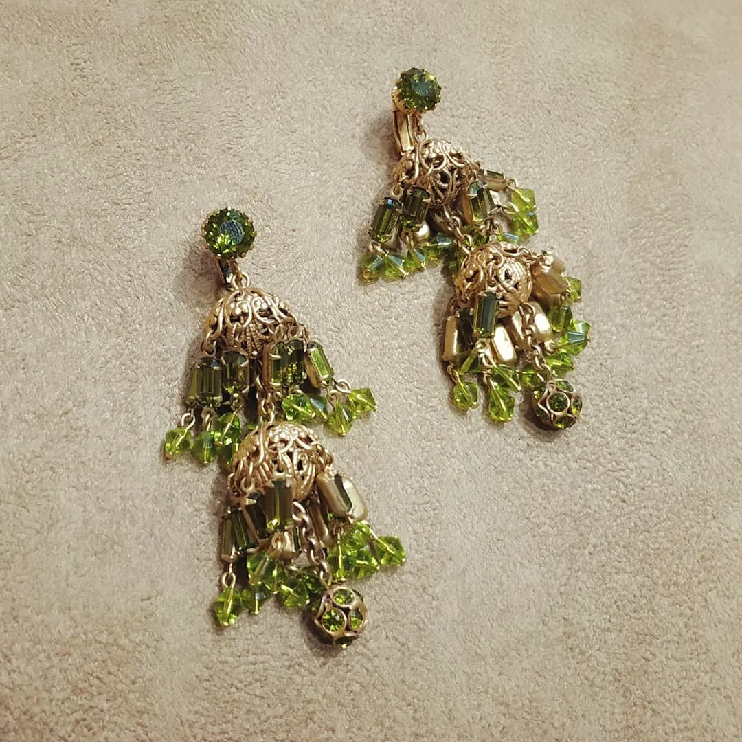 Askew London Earrings bows peridot Green Vintage Glass Chandelier