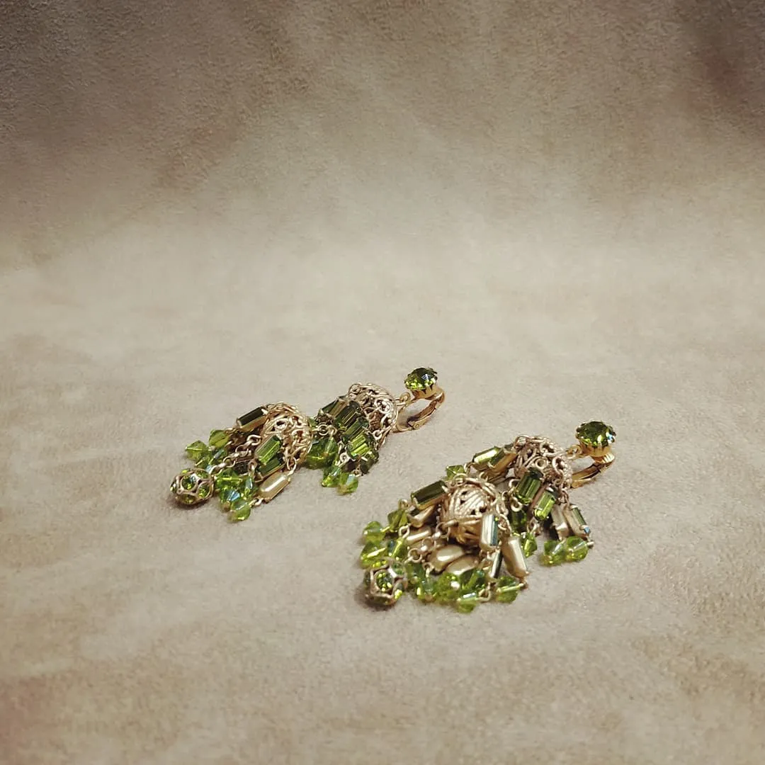 Askew London Earrings bows peridot Green Vintage Glass Chandelier