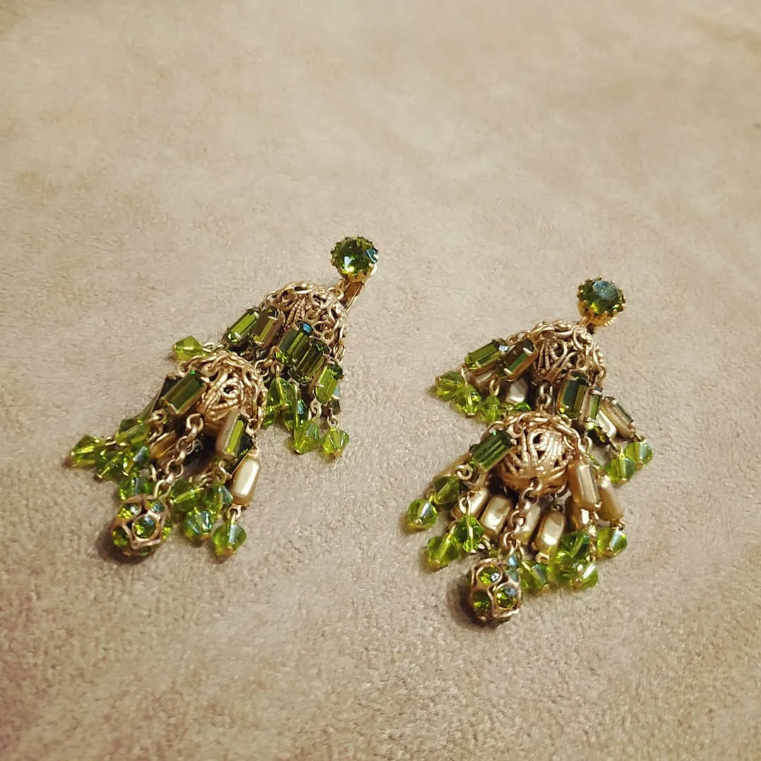 Askew London Earrings bows peridot Green Vintage Glass Chandelier