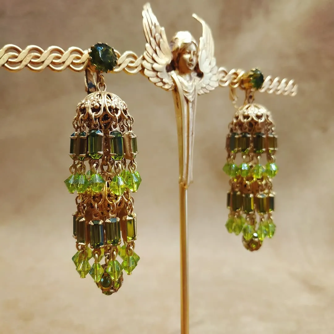 Askew London Earrings bows peridot Green Vintage Glass Chandelier