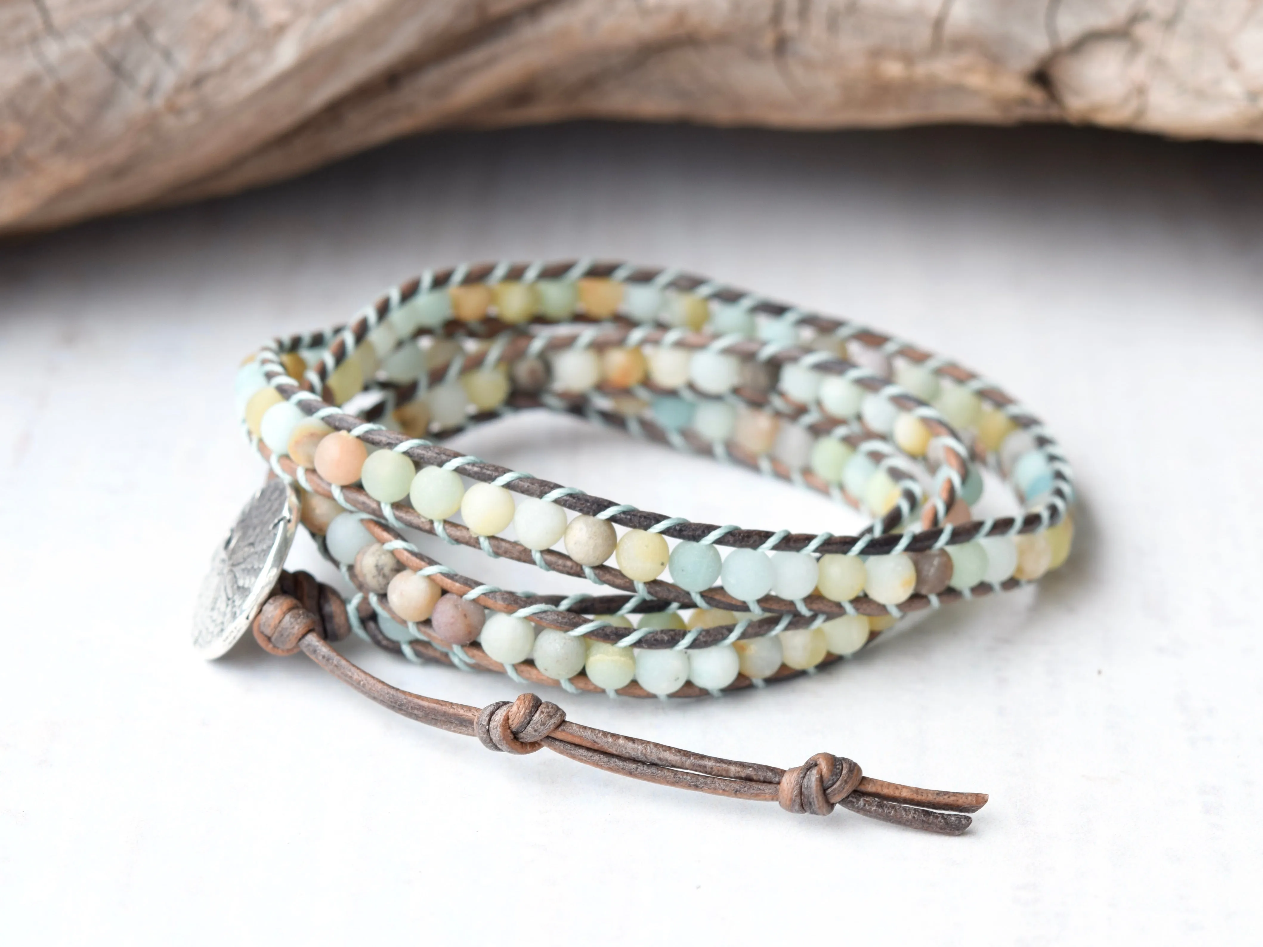 Beach Babe Amazonite Wrap Bracelet & Silver Sand Dollar Button Closure