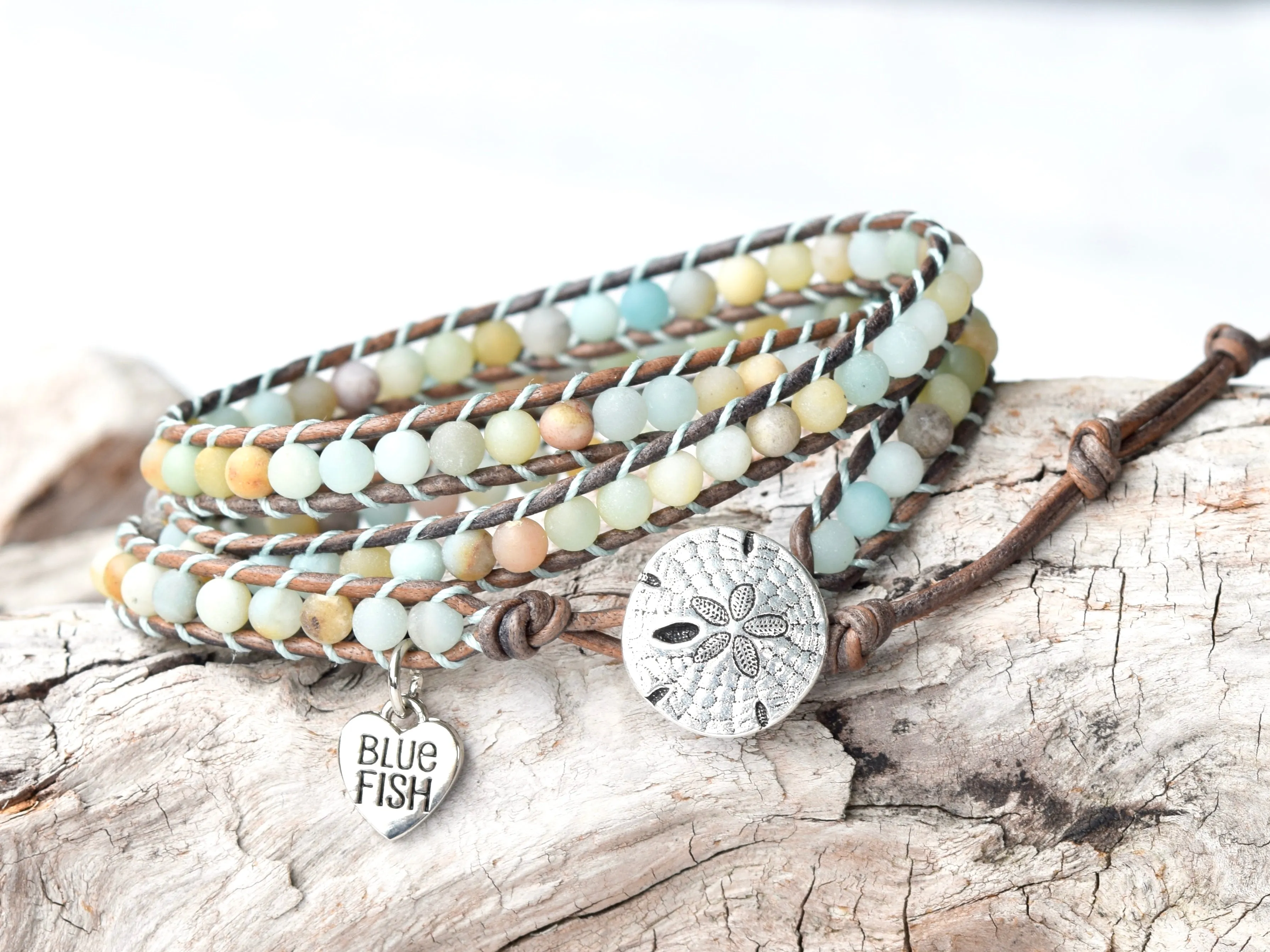 Beach Babe Amazonite Wrap Bracelet & Silver Sand Dollar Button Closure