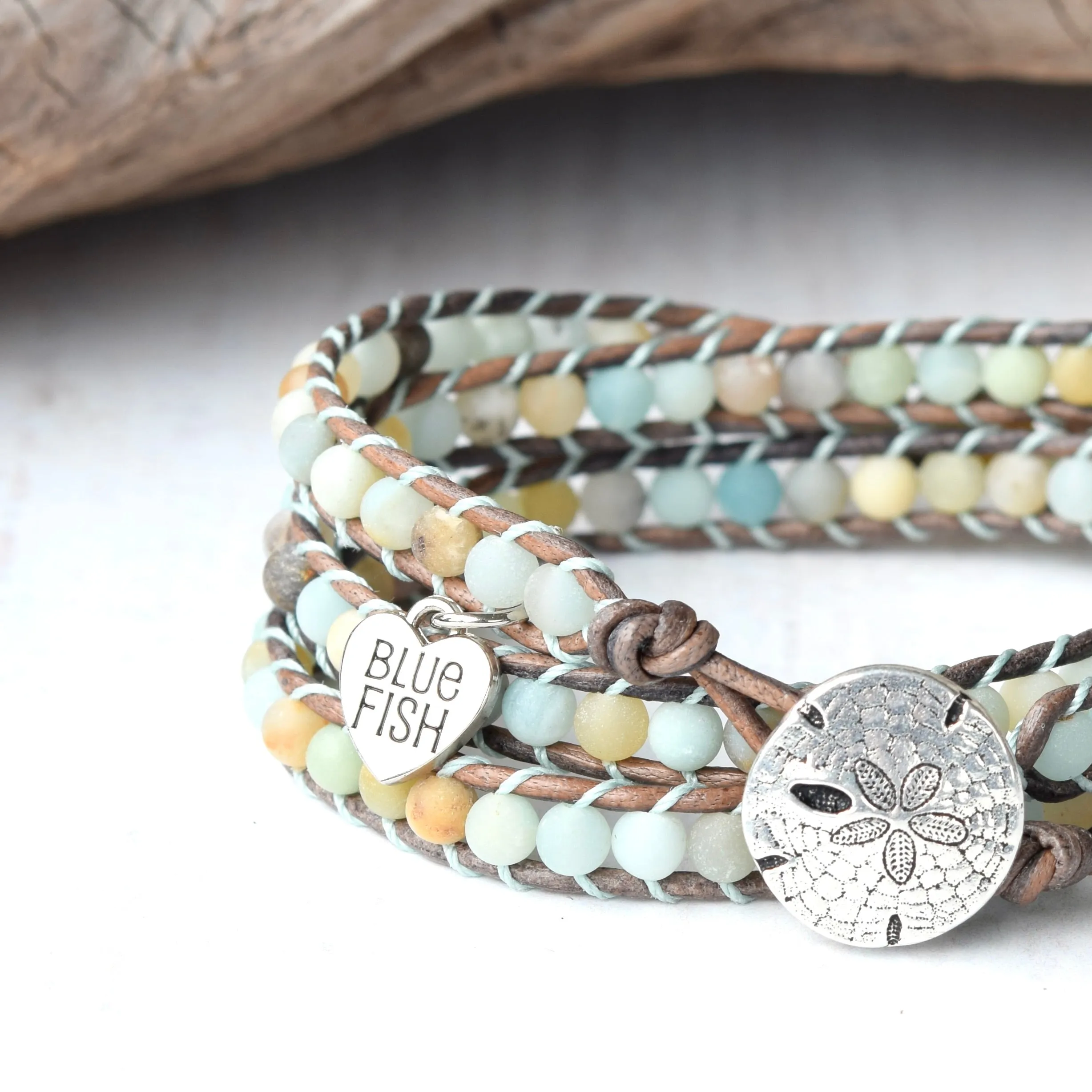 Beach Babe Amazonite Wrap Bracelet & Silver Sand Dollar Button Closure