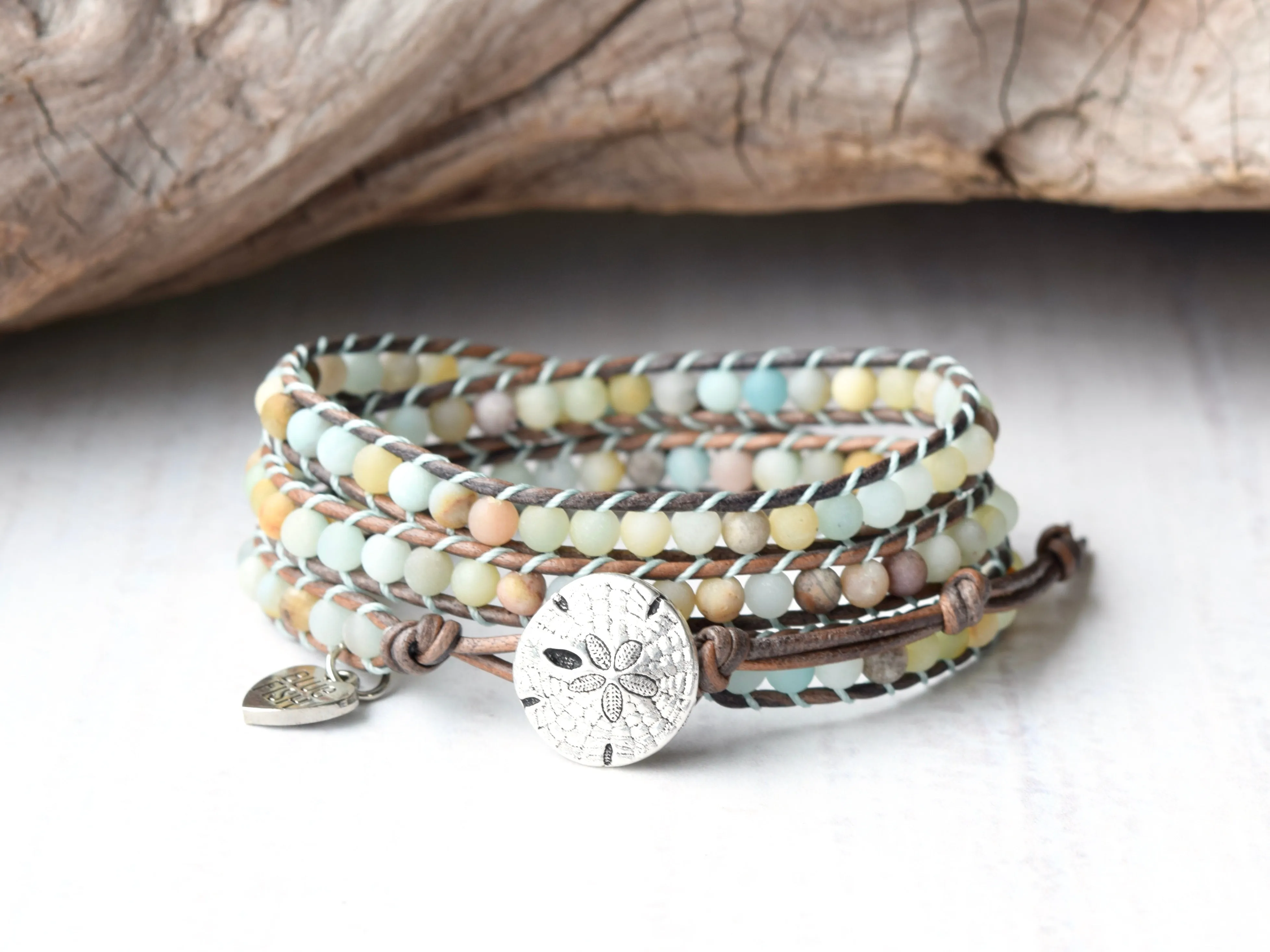 Beach Babe Amazonite Wrap Bracelet & Silver Sand Dollar Button Closure