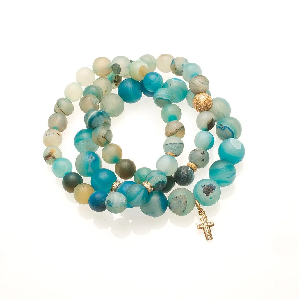 Blue Multicolor Beaded Bracelet with Diamonds, 14K Gold and Channel Cross Charm