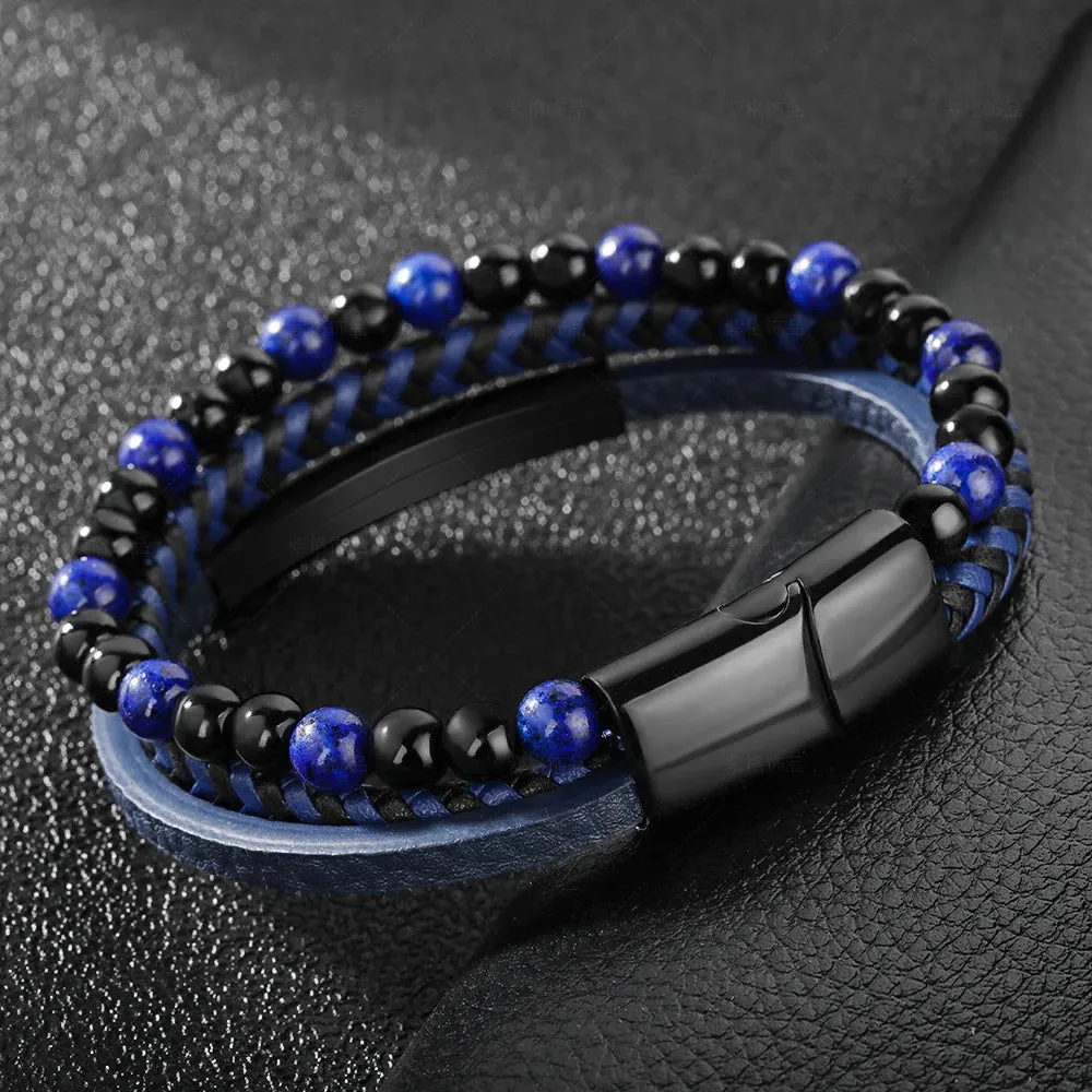 Bracelet pour Homme à 3 rangées en simili cuir avec Perles Noires & Bleues ou Rouges très tendance ! (2 Coloris/Livraison OFFERTE)