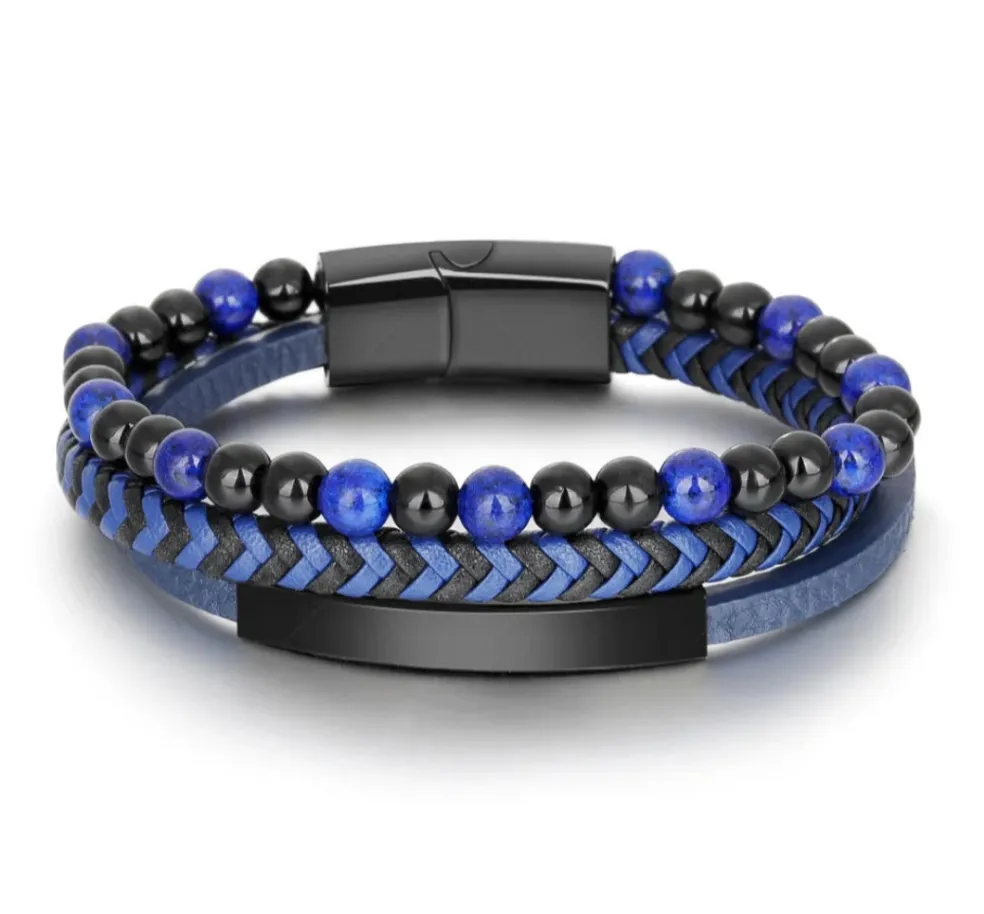 Bracelet pour Homme à 3 rangées en simili cuir avec Perles Noires & Bleues ou Rouges très tendance ! (2 Coloris/Livraison OFFERTE)