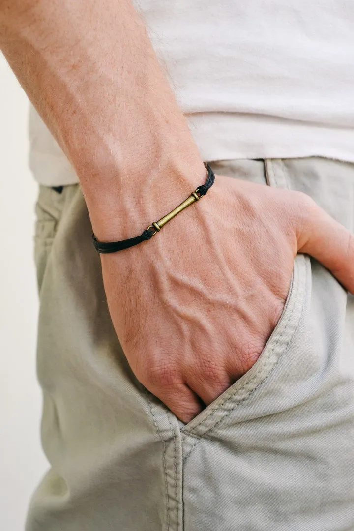 Bronze bar bracelet for men, black cord, fathers day gift