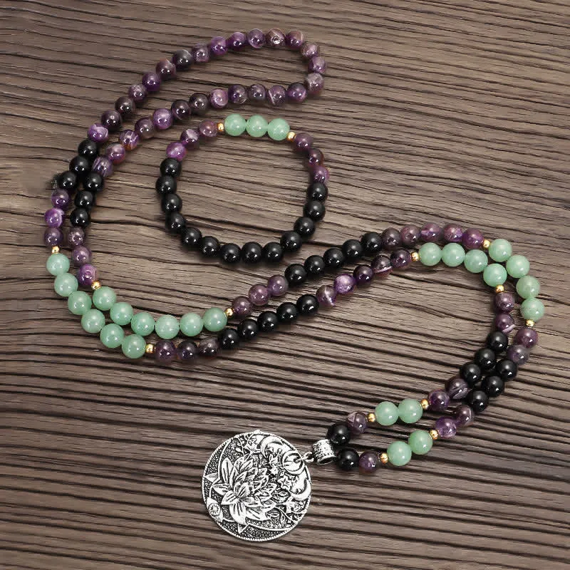 Buddha Stones 108 Mala Beads Amethyst Green Aventurine Lotus Meditation Bracelet