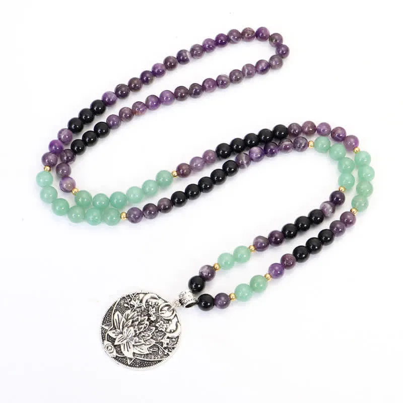 Buddha Stones 108 Mala Beads Amethyst Green Aventurine Lotus Meditation Bracelet