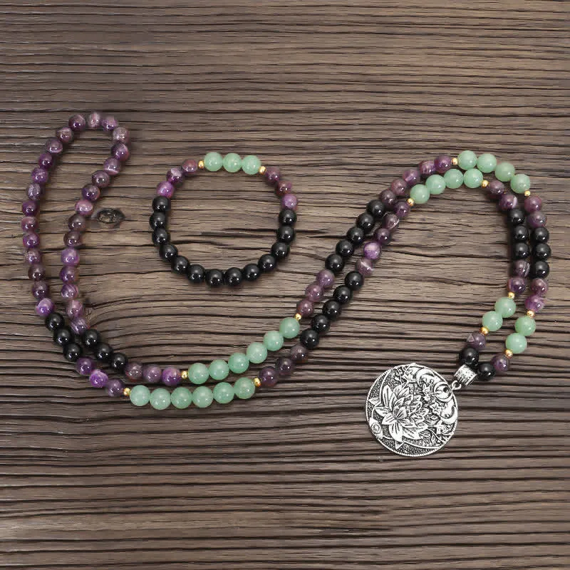 Buddha Stones 108 Mala Beads Amethyst Green Aventurine Lotus Meditation Bracelet