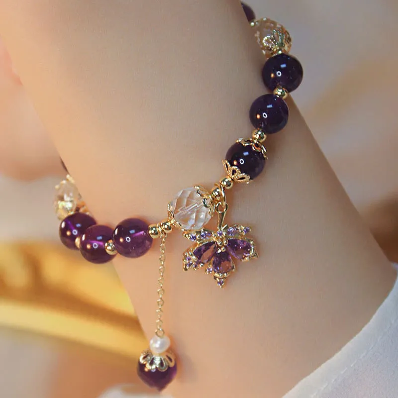 Buddha Stones 14k Gold Plated Natural Amethyst Healing Maple Leaf Charm Bracelet